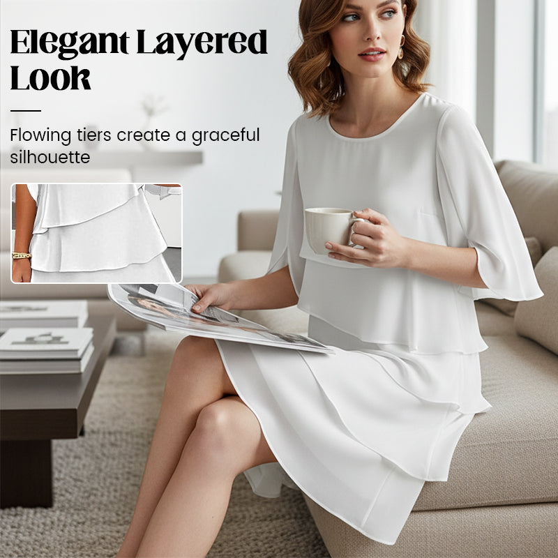 Ruffle Sleeve Swing Dress – Layered Detail, Crew Neck, Flowy Fit