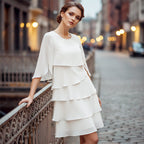 Ruffle Sleeve Swing Dress – Layered Detail, Crew Neck, Flowy Fit