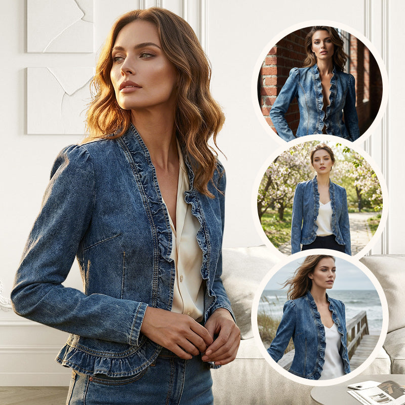 Ruffle Trim Open-Front Denim Jacket – Lightweight Washed Denim