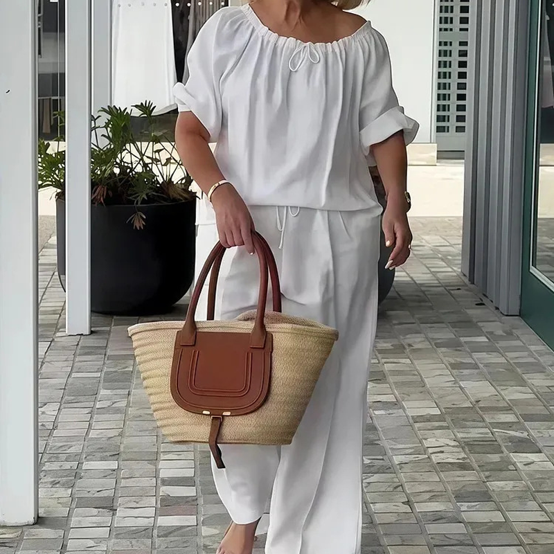 Drawstring Wide-Leg Lounge Set – Adjustable Top & Pockets