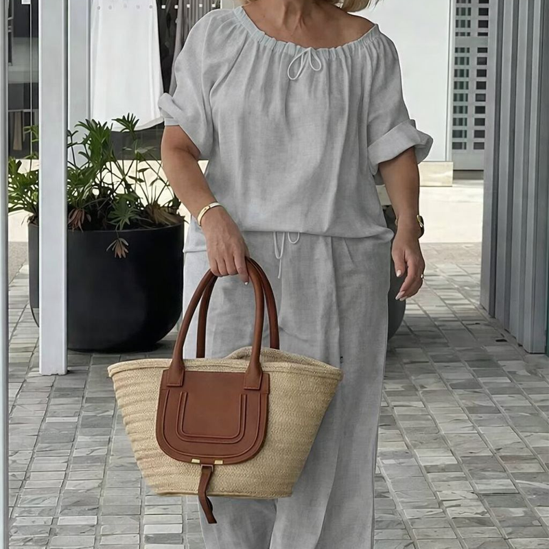 Drawstring Wide-Leg Lounge Set – Adjustable Top & Pockets