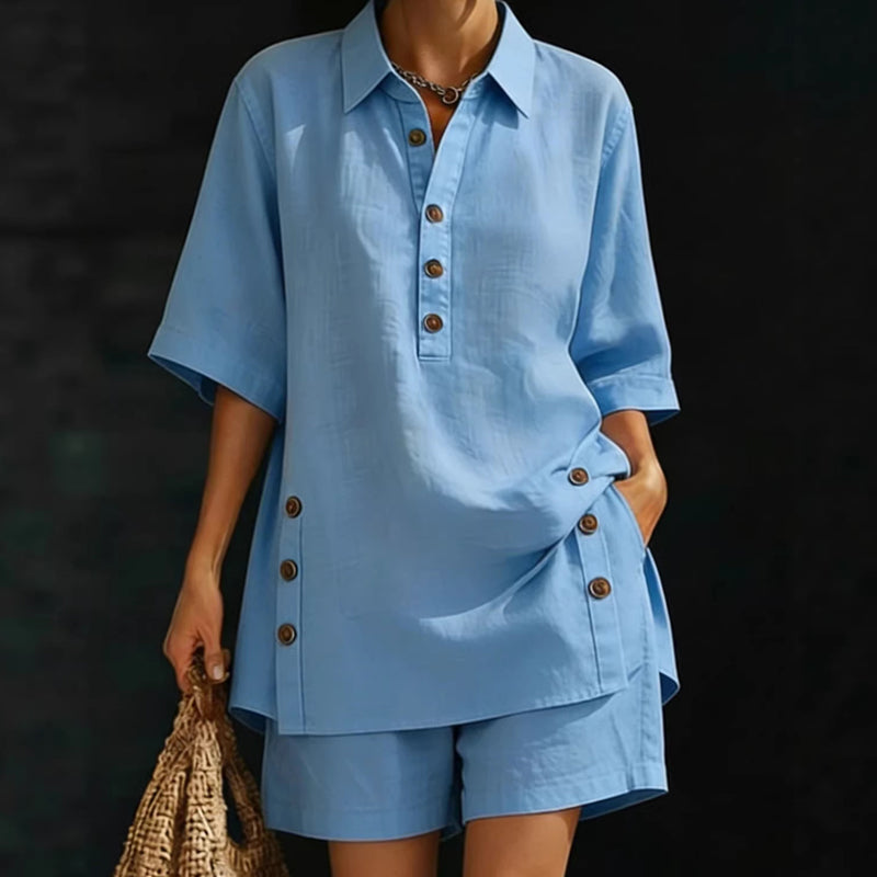 Polo Neck Shorts Set – Side Button Details, Relaxed Fit
