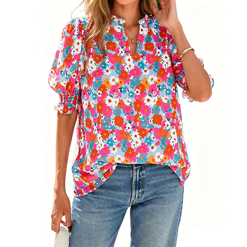 Floral Puff Sleeve Top – V-Neck, Relaxed Fit