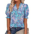 Floral Puff Sleeve Top – V-Neck, Relaxed Fit