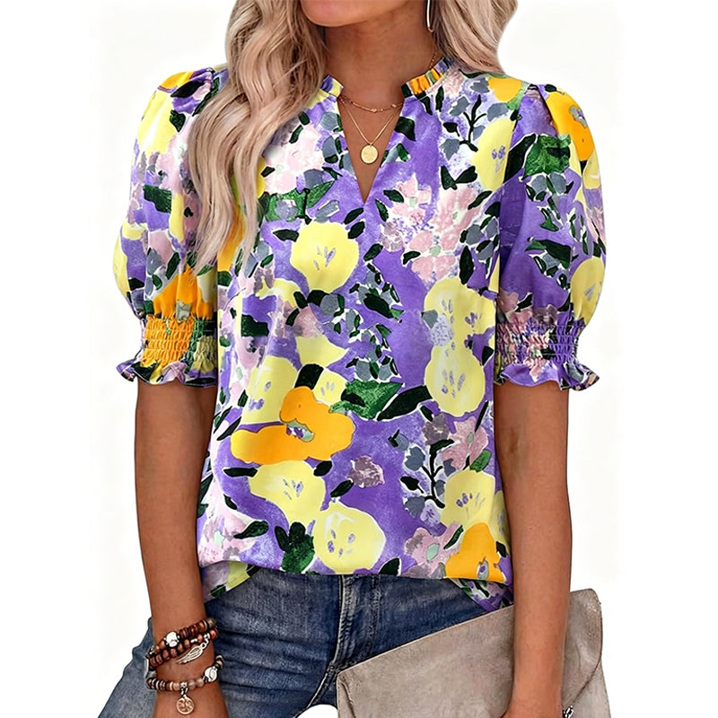 Floral Puff Sleeve Top – V-Neck, Relaxed Fit