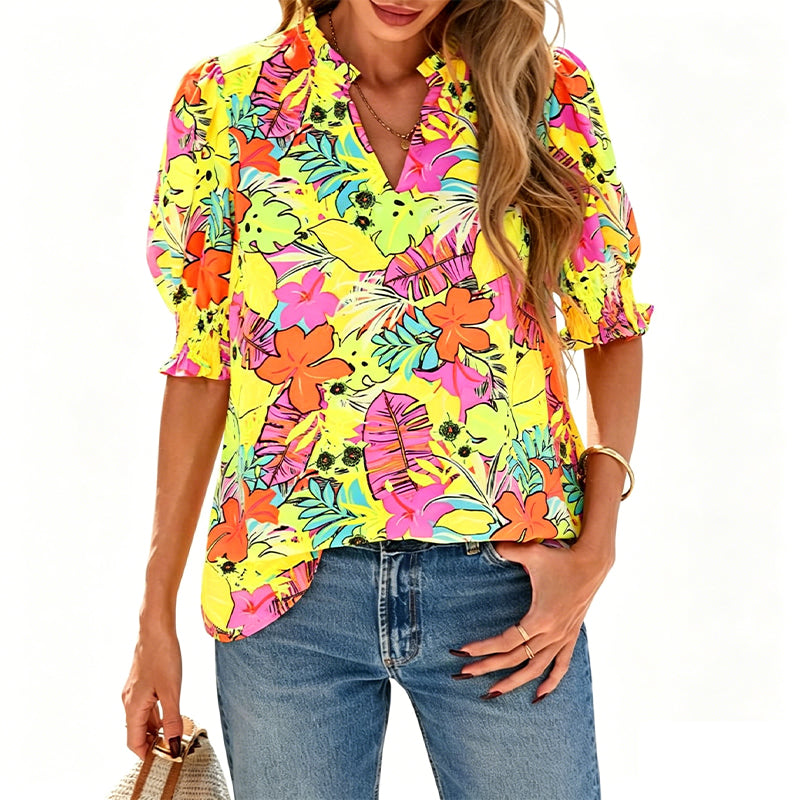 Floral Puff Sleeve Top – V-Neck, Relaxed Fit