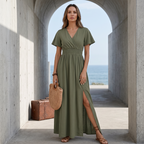 Women's Summer V Neck Side Slit Maxi Dress