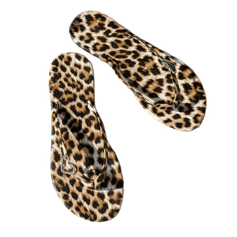 Women's Leopard Print Heart Charm Flip Flops