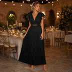 Women's Elegant V Neck Pleated Maxi Dress