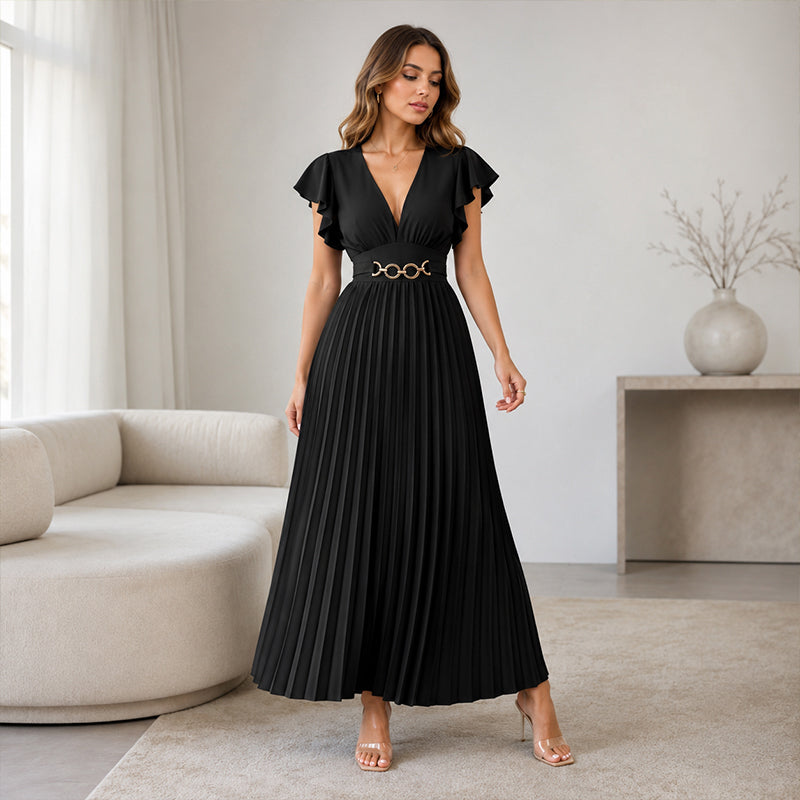 Women's Elegant V Neck Pleated Maxi Dress
