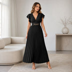 Women's Elegant V Neck Pleated Maxi Dress
