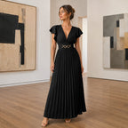 Women's Elegant V Neck Pleated Maxi Dress