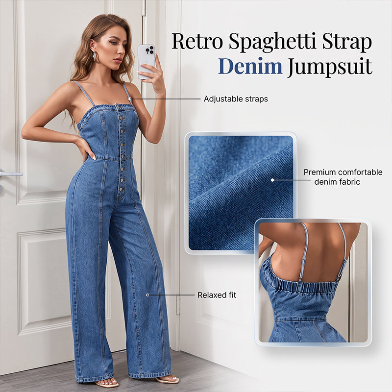 Women's Spaghetti Strap Wide-Leg Denim Jumpsuit