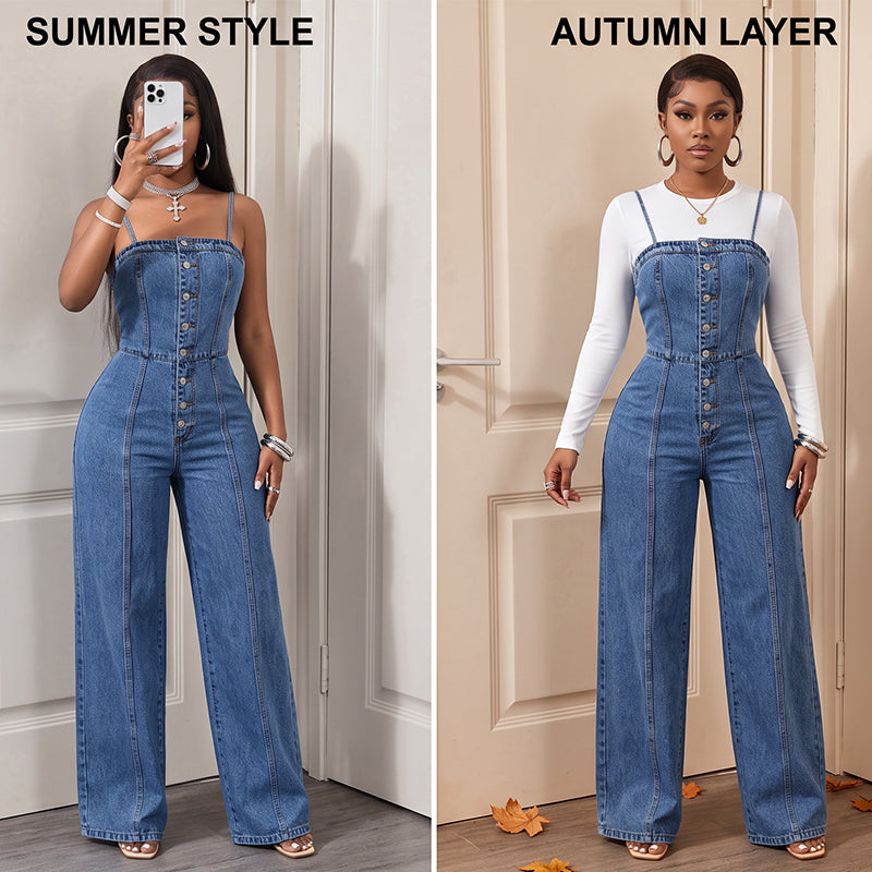 Women's Spaghetti Strap Wide-Leg Denim Jumpsuit