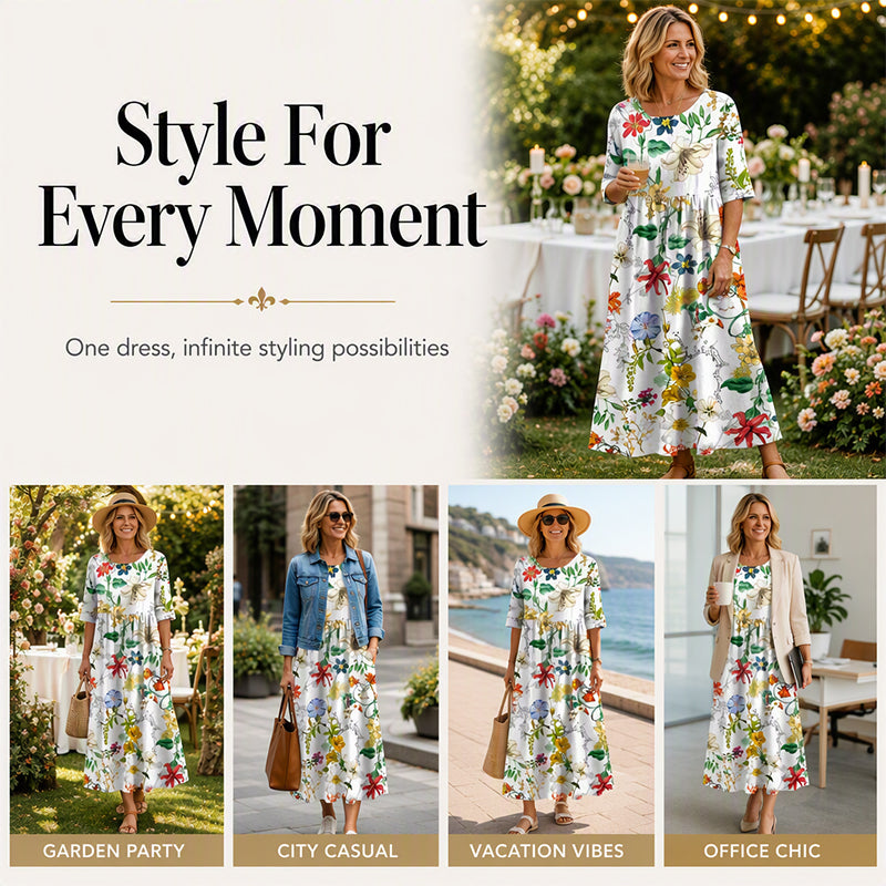 Women's Casual Floral Print Maxi Dress with Pockets
