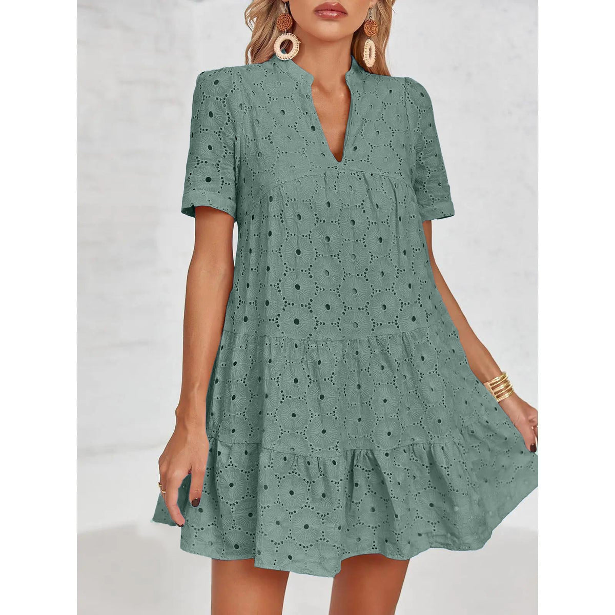 Eyelet Lace flowing dress – V-Neck, Short Sleeve, Relaxed Fit