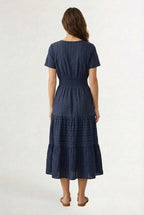 Smocked Waist Long Dress –  V-Neck, Puff Sleeves & Pockets