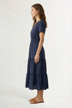 Smocked Waist Long Dress –  V-Neck, Puff Sleeves & Pockets