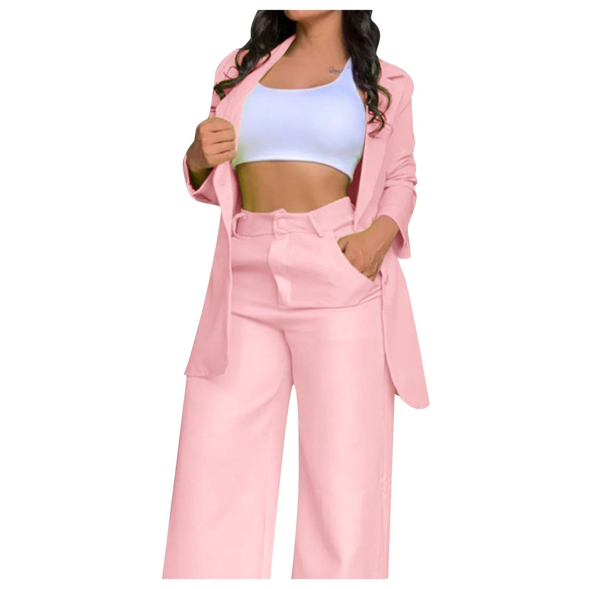 Ruffle Sleeve Blazer & Wide-Leg Pants Set – 2-Piece Business Suit
