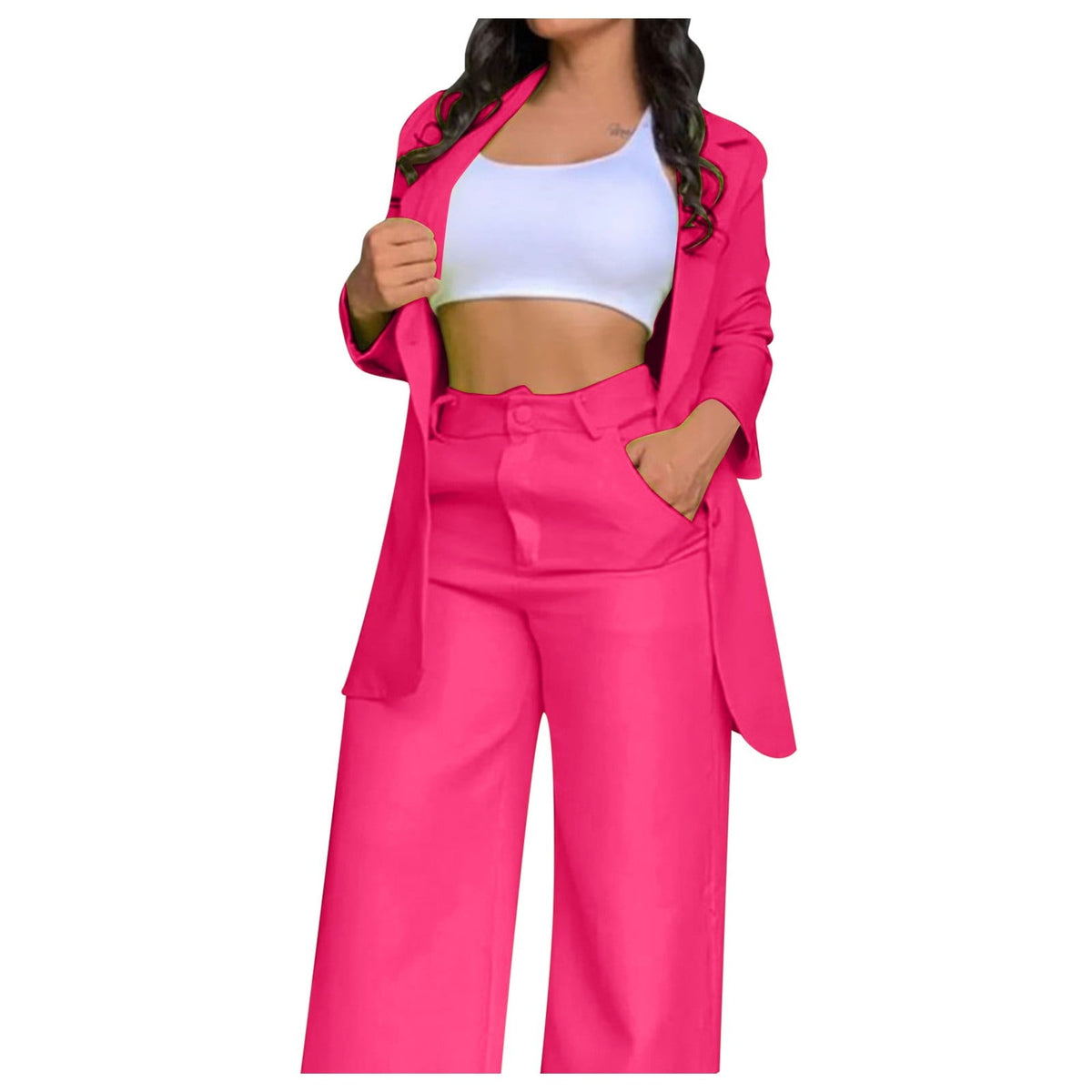 Ruffle Sleeve Blazer & Wide-Leg Pants Set – 2-Piece Business Suit