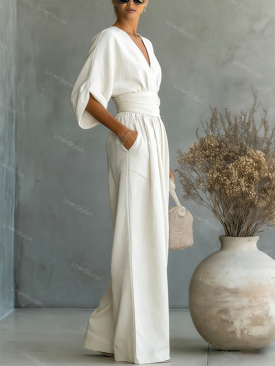 Women's Essential V-Neck Waist-Defining Jumpsuit