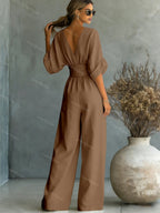 Women's Essential V-Neck Waist-Defining Jumpsuit