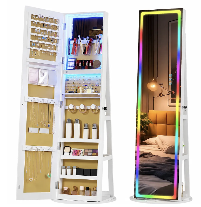 🪞360° Rotating LED Lockable Jewelry Cabinet, Modern Wood Mirror Organizer