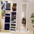 🪞360° Rotating LED Lockable Jewelry Cabinet, Modern Wood Mirror Organizer