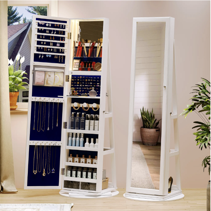 🪞360° Rotating LED Lockable Jewelry Cabinet, Modern Wood Mirror Organizer