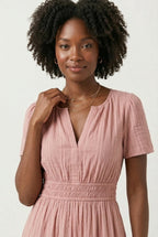 Smocked Waist Long Dress –  V-Neck, Puff Sleeves & Pockets