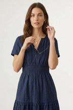 Smocked Waist Long Dress –  V-Neck, Puff Sleeves & Pockets
