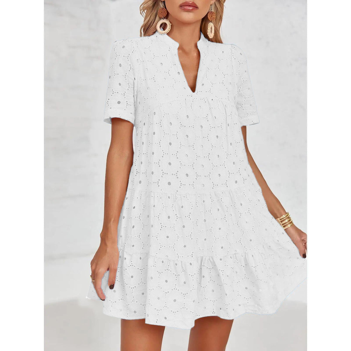 Eyelet Lace flowing dress – V-Neck, Short Sleeve, Relaxed Fit